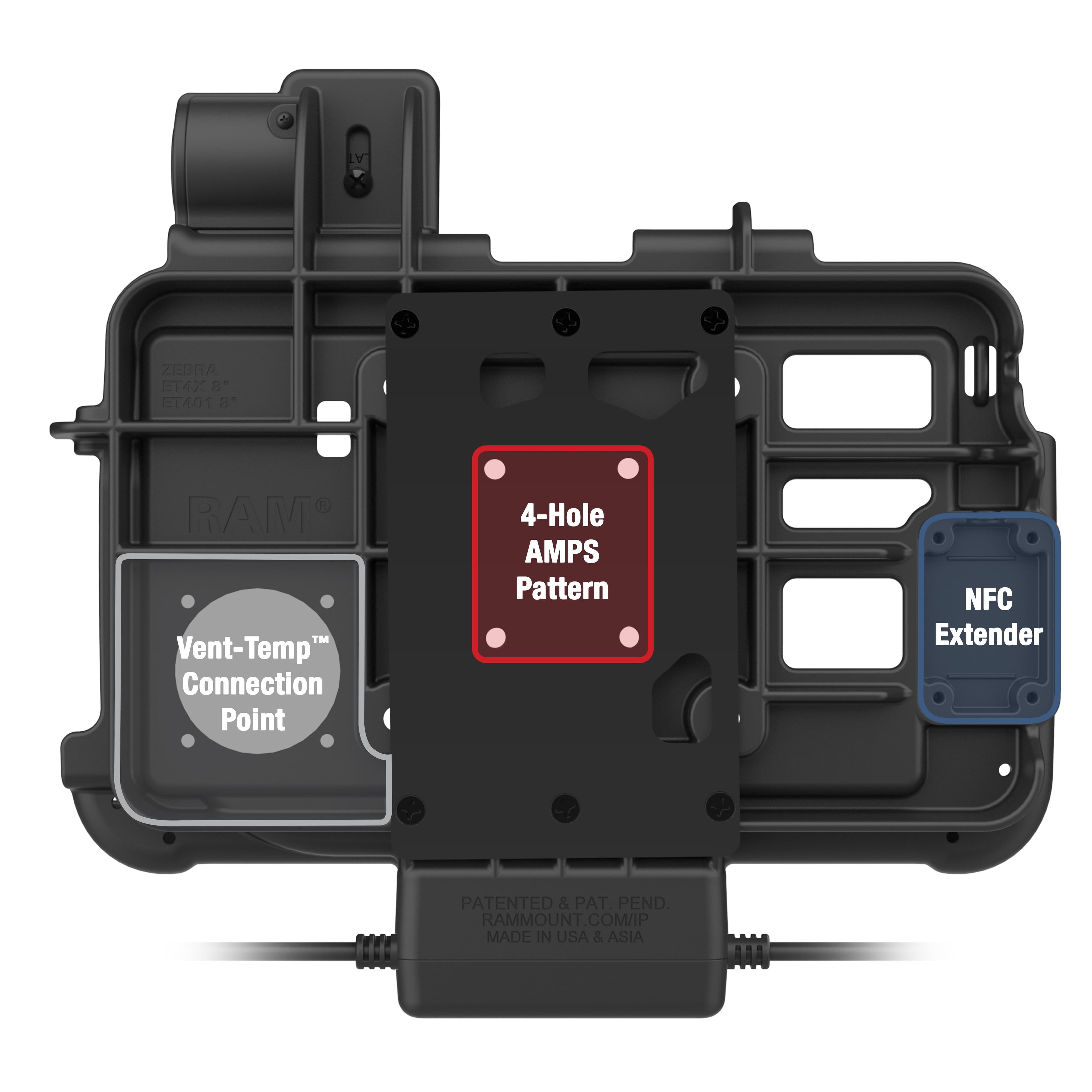 RAM® Thin-Dock™ + Dual USB for Zebra ET401 & ET4x 8" (20.3 cm)