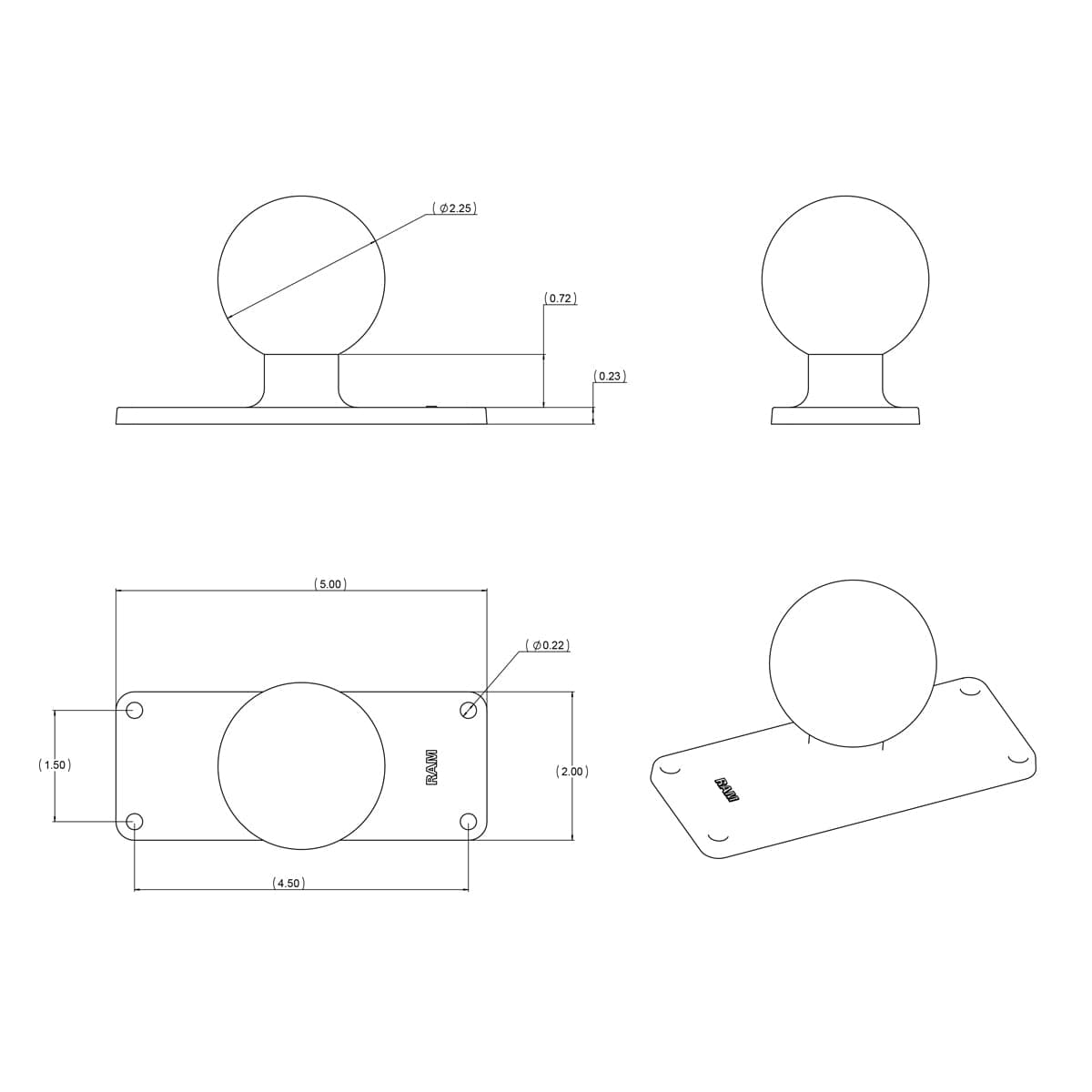 RAM® Ball Base with 1.5" (38.1 mm) x 4.5" (11.4 cm) 4-Hole Pattern - D Size