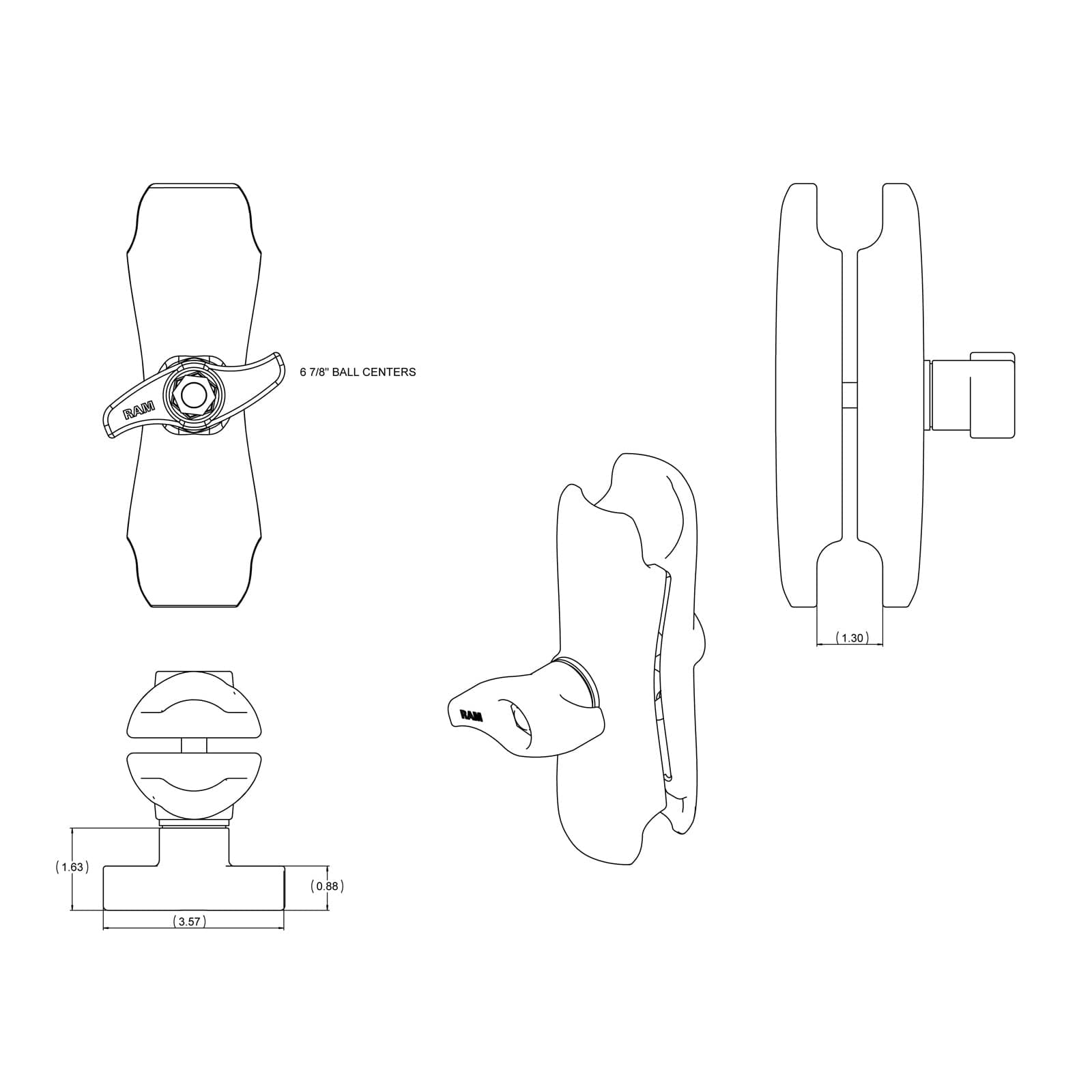 RAM® Double Socket Arm with Jam Nut - D Size Medium