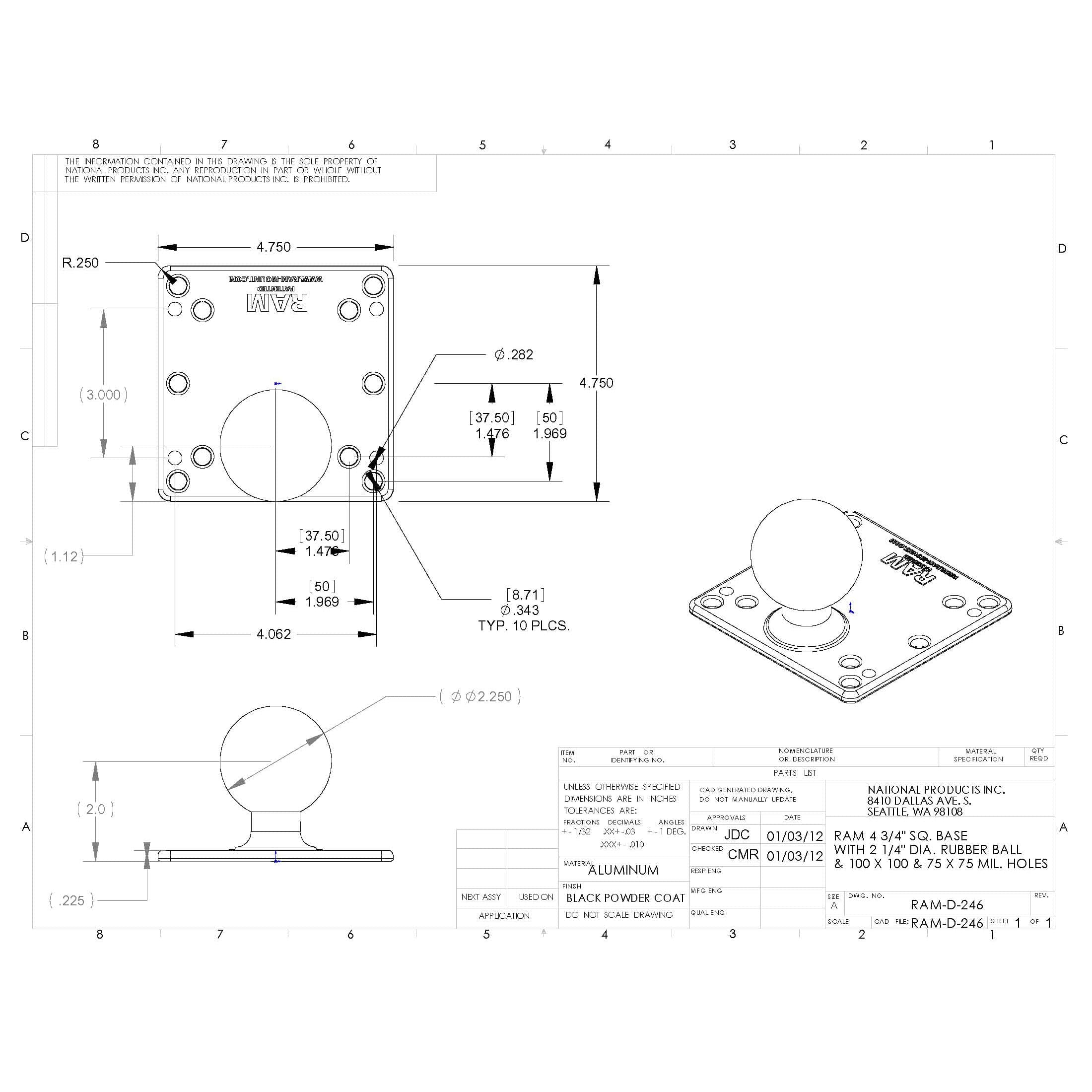 RAM® 100x100mm VESA Plate with Ball - D Size No Spacers
