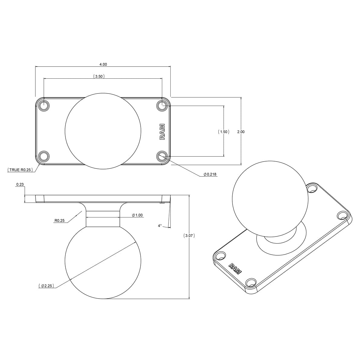 RAM® Ball Base with 1.5" (38.1 mm) x 3.5" (88.9 mm) 4-Hole Pattern - D Size
