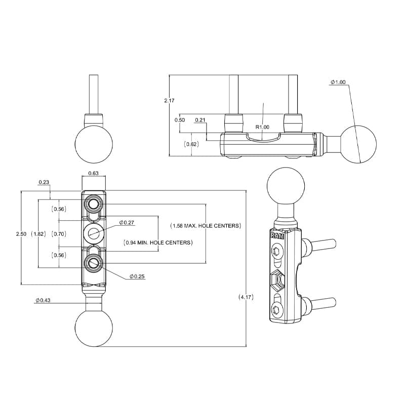 RAM® Chrome Motorcycle Brake/Clutch Reservoir Ball Base