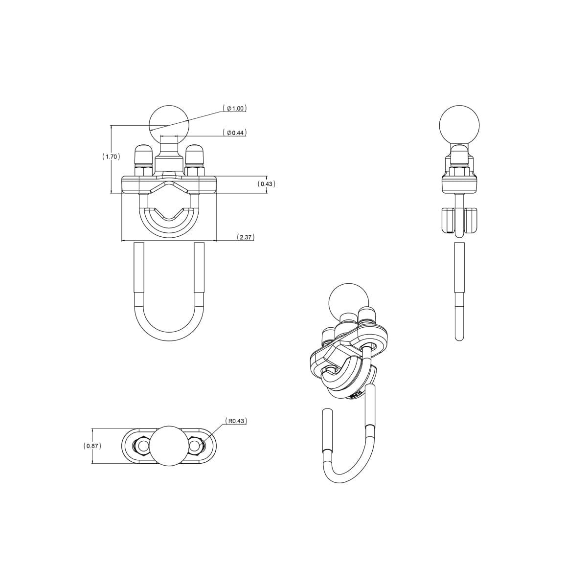 RAM® Handlebar U-Bolt Base for Rails 0.5" (12.7 mm) to 1" (25.4 mm) in Diameter - B Size