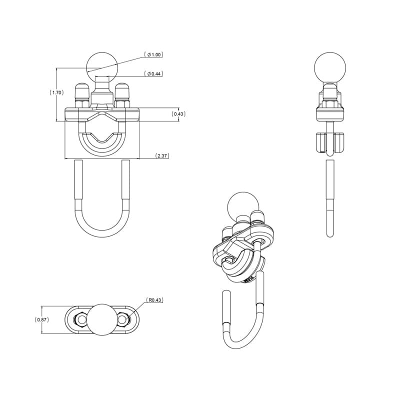 RAM® Handlebar U-Bolt Base for Rails 0.5" (12.7 mm) to 1.25" (31.8 mm) in Diameter - B Size