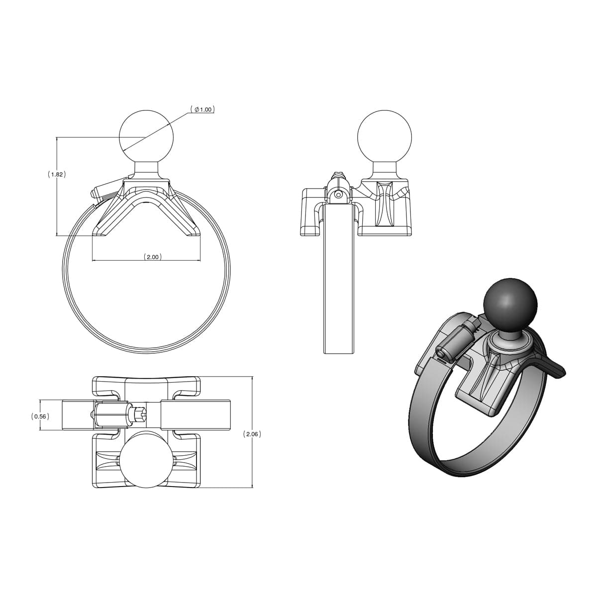 RAM® Double Ball Strap Hose Clamp Mount with Round Plate - Short
