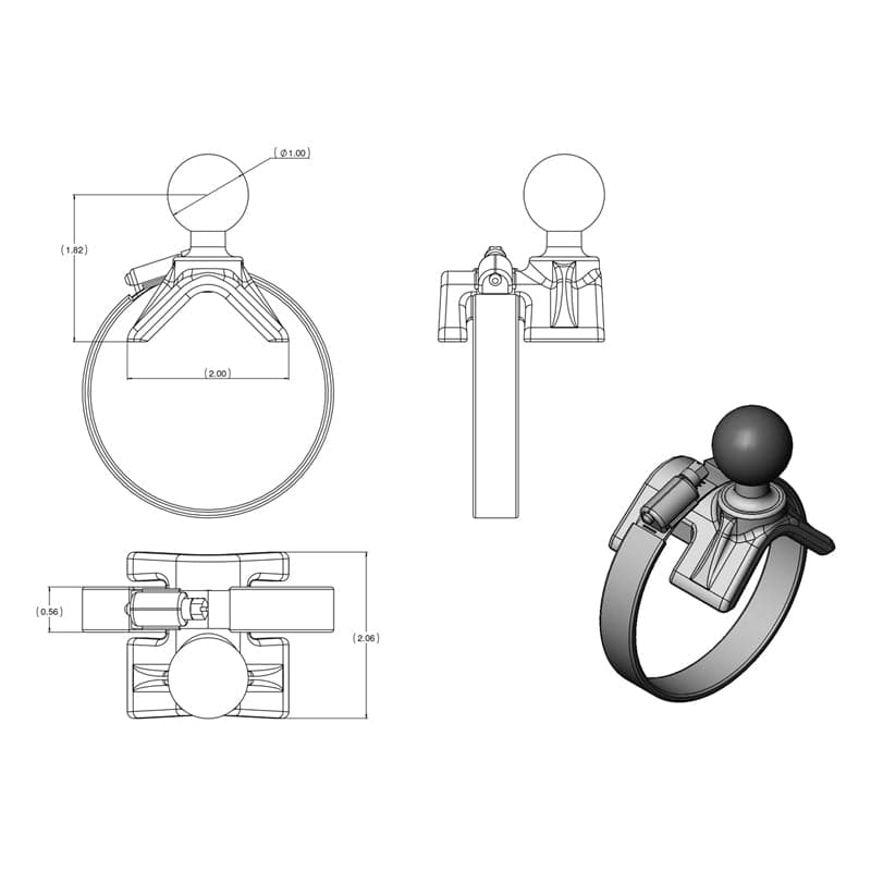 RAM® Strap Hose Clamp Ball Base 1" (25.4 mm) - 2.1" (53.3 mm)
