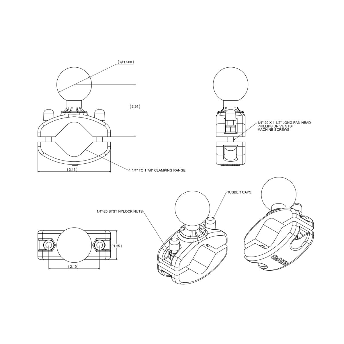 RAM® Rail Clamp Ball Base for 1.25" (31.8 mm) - 1.875" (47.6 mm) Rails - C Size