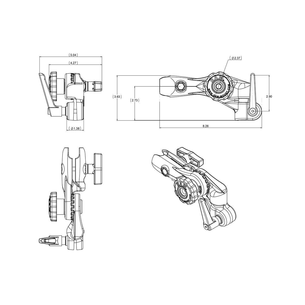 RAM® Ratchet & Swing Arm with 1/2" NPT Hole and Single Socket Arm