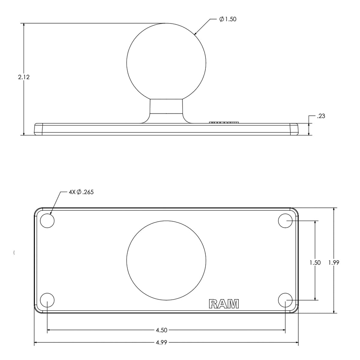 RAM® Ball Base with 1.5" (38.1 mm) x 4.5" (11.4 cm) 4-Hole Pattern - C Size