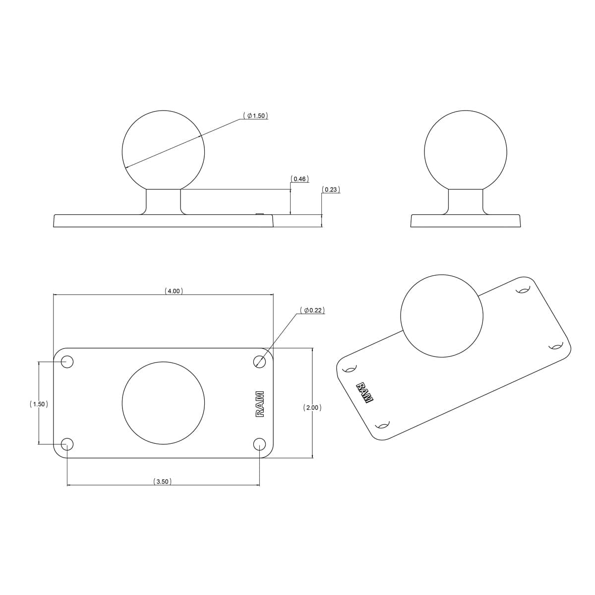 RAM® Ball Base with 1.5" (38.1 mm) x 3.5" (88.9 mm) 4-Hole Pattern - C Size