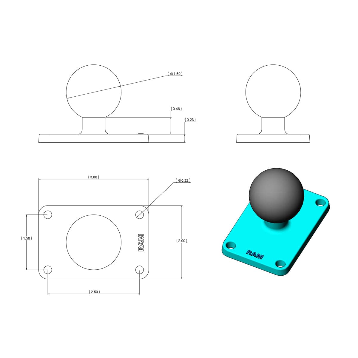 RAM® Ball Base with 1.5" (38.1 mm) x 2.5" (63.5 mm) 4-Hole Pattern - C Size