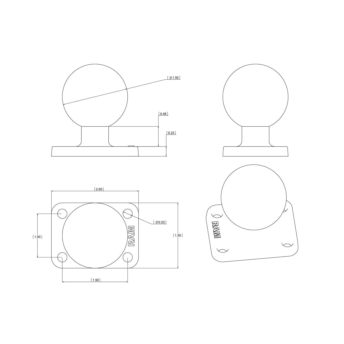 RAM® Ball Base with 1" (25.4 mm) x 1.5" (38.1 mm) 4-Hole Pattern - C Size