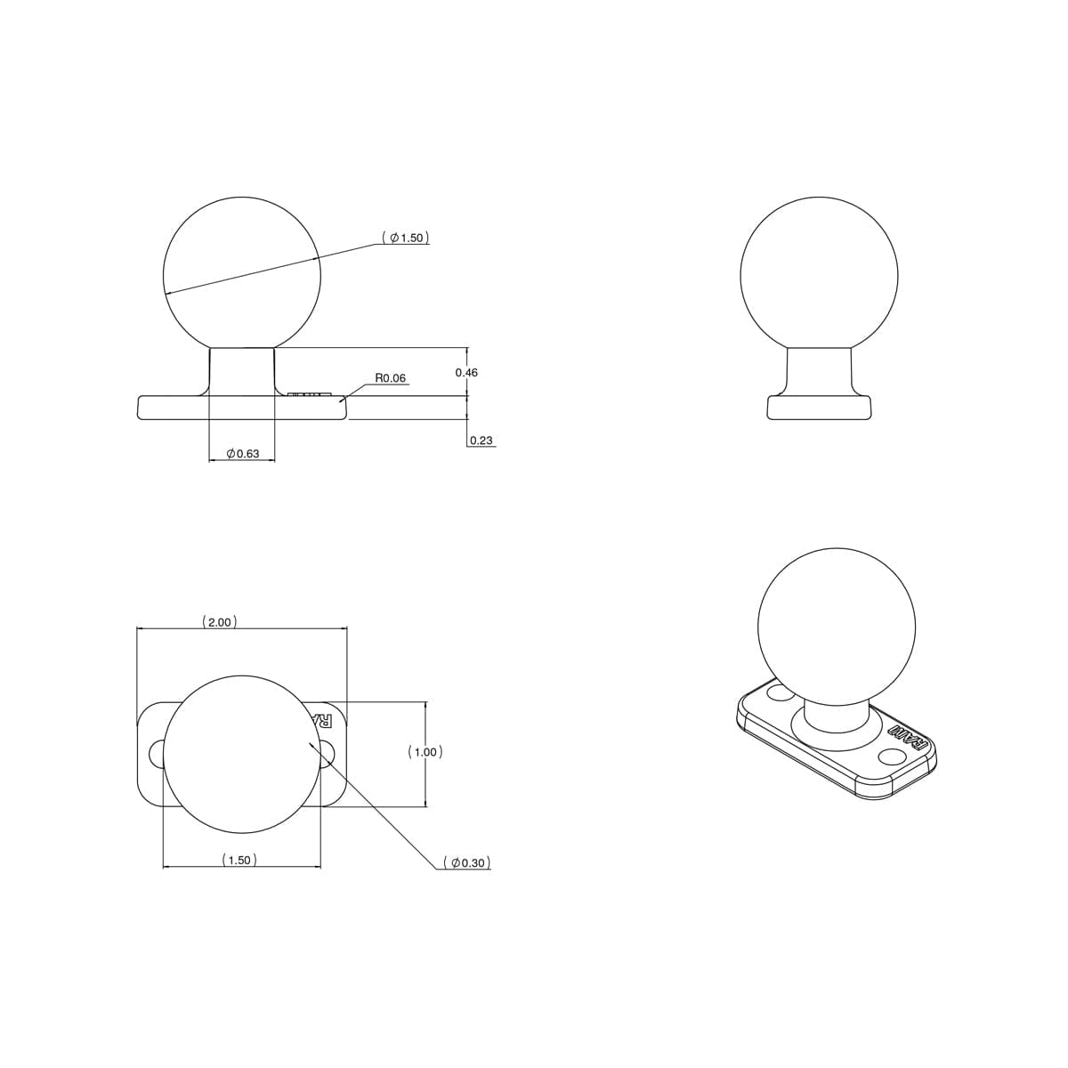 RAM® Ball Base with 1.5" (38.1 mm) 2-Hole Pattern - C Size