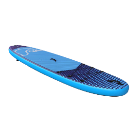 image of a light blue paddleboard with dark blue dots covering the front and back end.