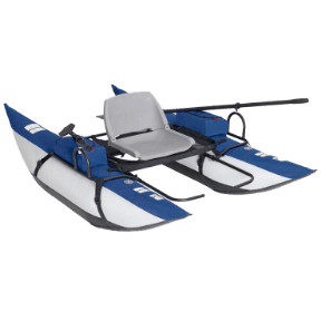 image of a blue and white inflatable one-person boat.